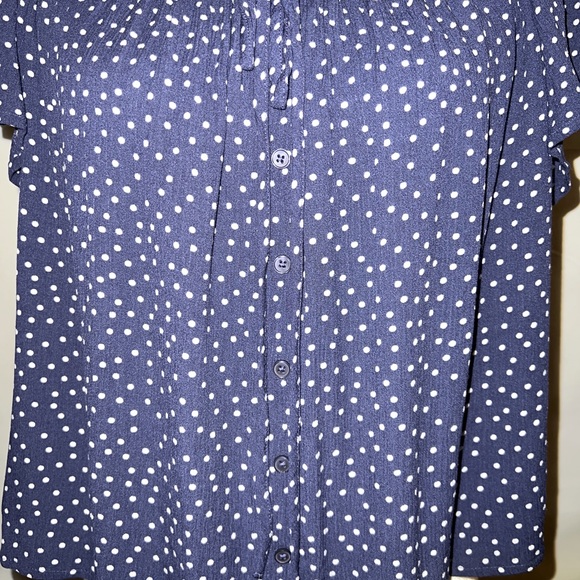 Express Off the Shoulder Blouse -Navy Blue with White Polka Dots Size: Medium - Picture 3 of 9